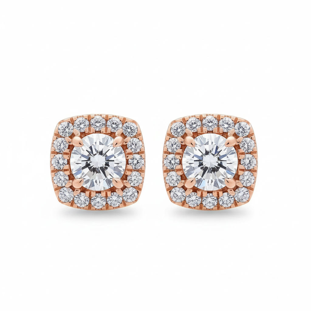 Round Brilliant Diamond Studs met Pavé Halo (Pair)