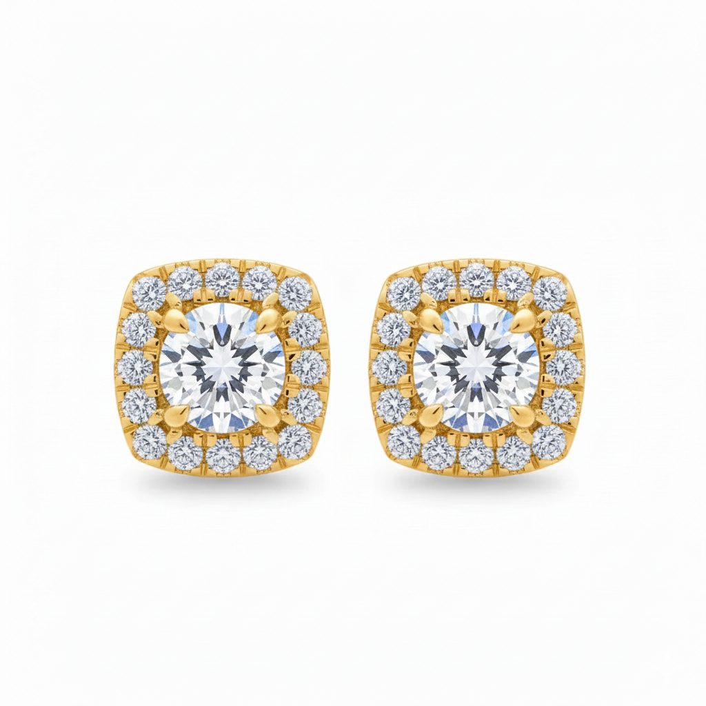 Round Brilliant Diamond Studs met Pavé Halo (Pair)