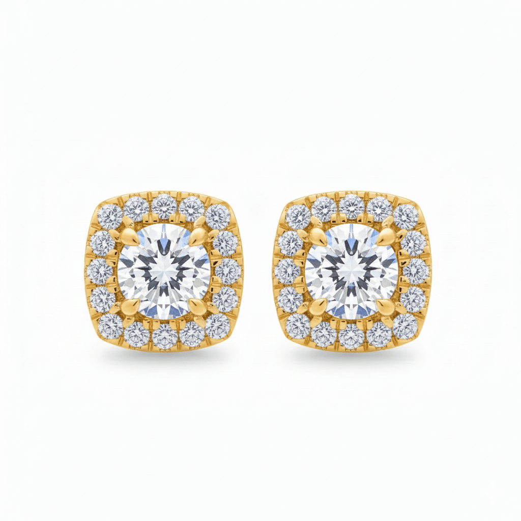 Round Brilliant Diamond Studs met Pavé Halo (Pair) Cha Diamonds