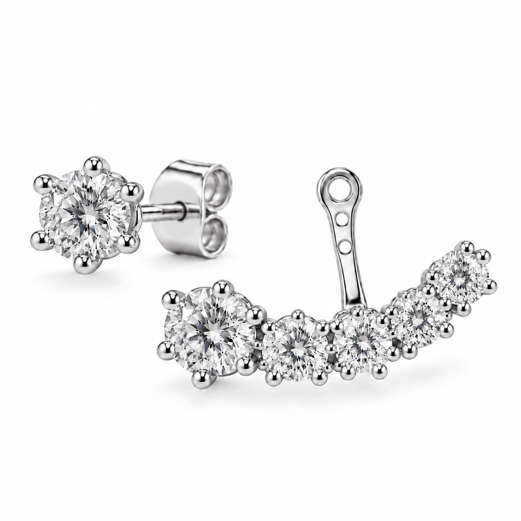 2-Way oorbellen met ronde lab-grown diamanten in witgoud, als oorknopje en ear jacket