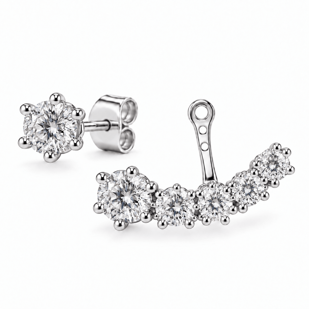 2-Way oorbellen met ronde lab-grown diamanten in witgoud, als oorknopje en ear jacket