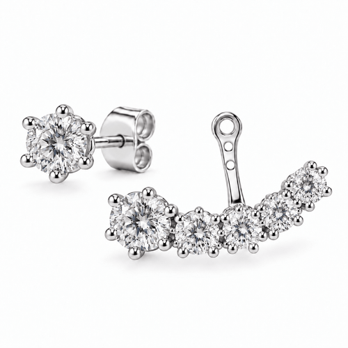 2-Way oorbellen met ronde lab-grown diamanten in witgoud, als oorknopje en ear jacket