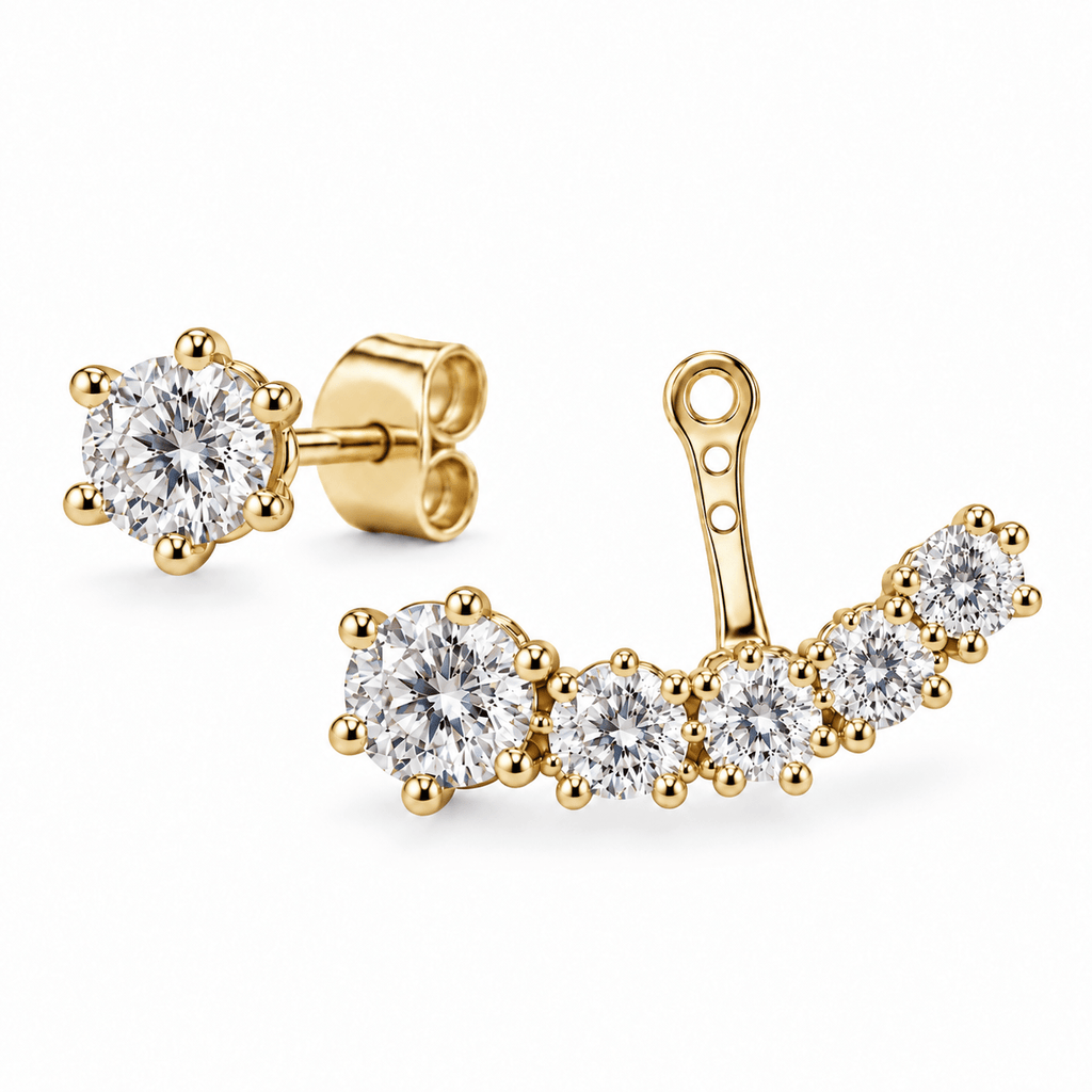 2-Way oorbellen met ronde lab-grown diamanten in geelgoud, als oorknopje en ear jacket
