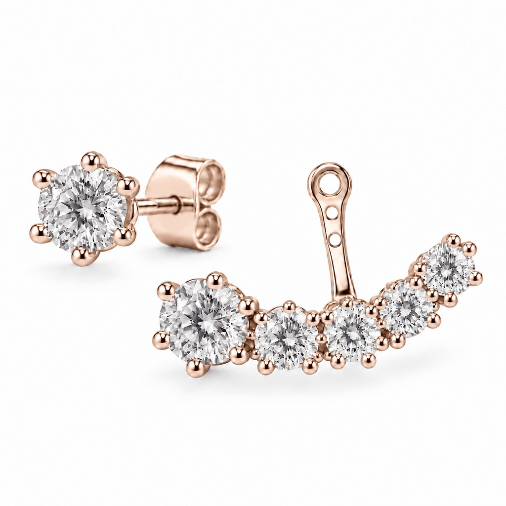 2-Way oorbellen met ronde lab-grown diamanten in roségoud, als oorknopje en ear jacket