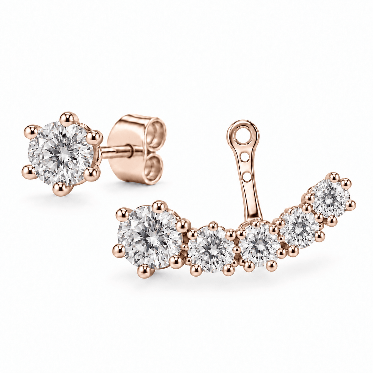 2-Way oorbellen met ronde lab-grown diamanten in roségoud, als oorknopje en ear jacket